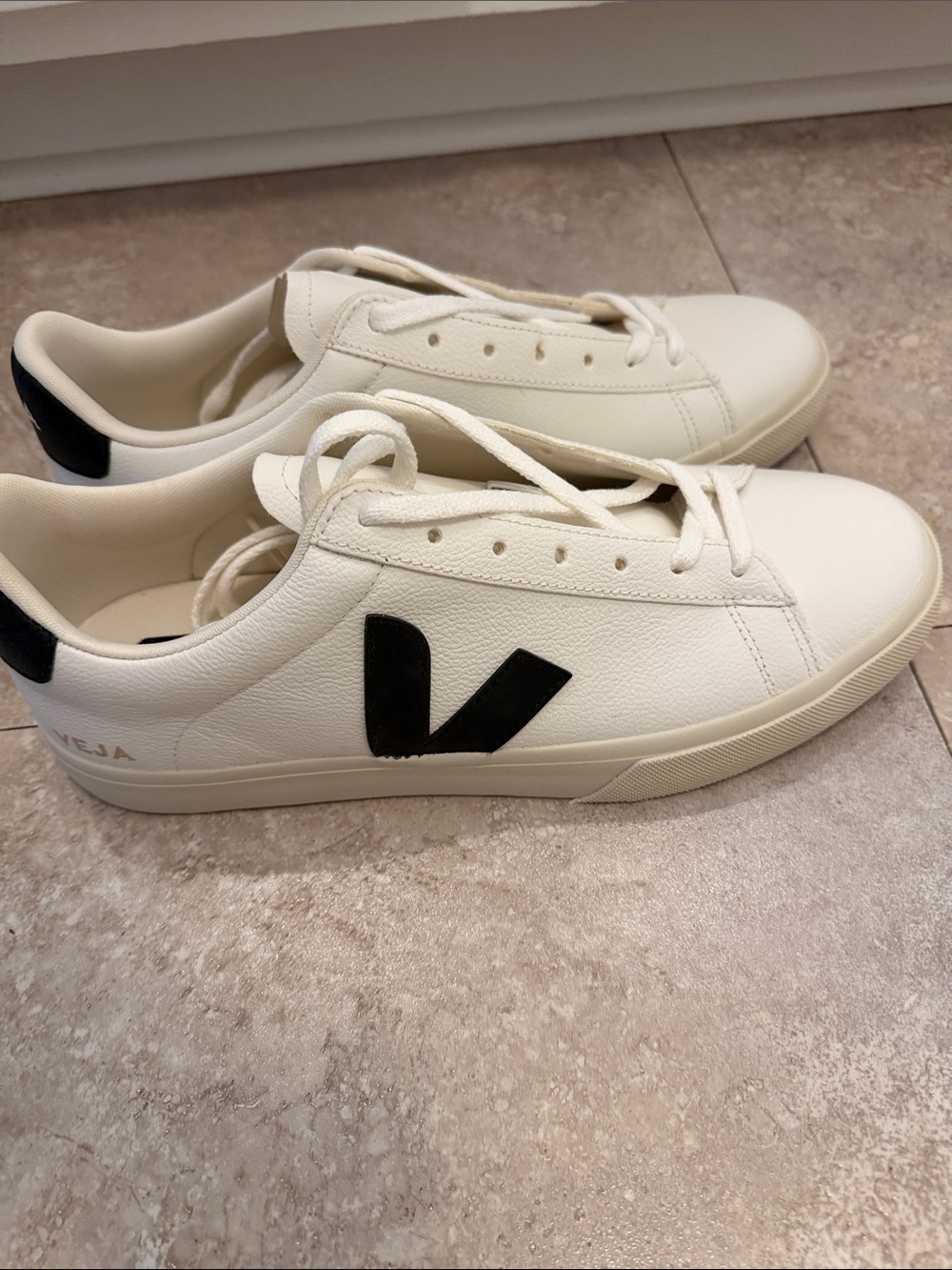Veja Leather Sneakers in Off-White with Black V